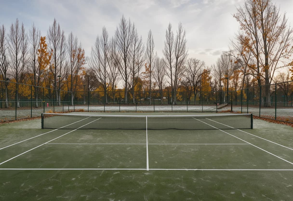 Empty outdoor tennis court on an autumn morning