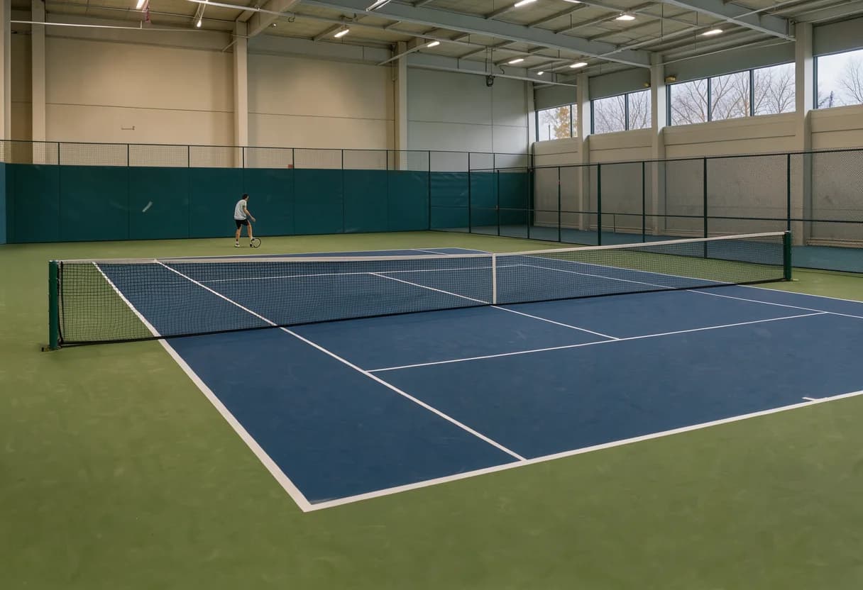Indoor hard-court tennis match viewed from the baseline