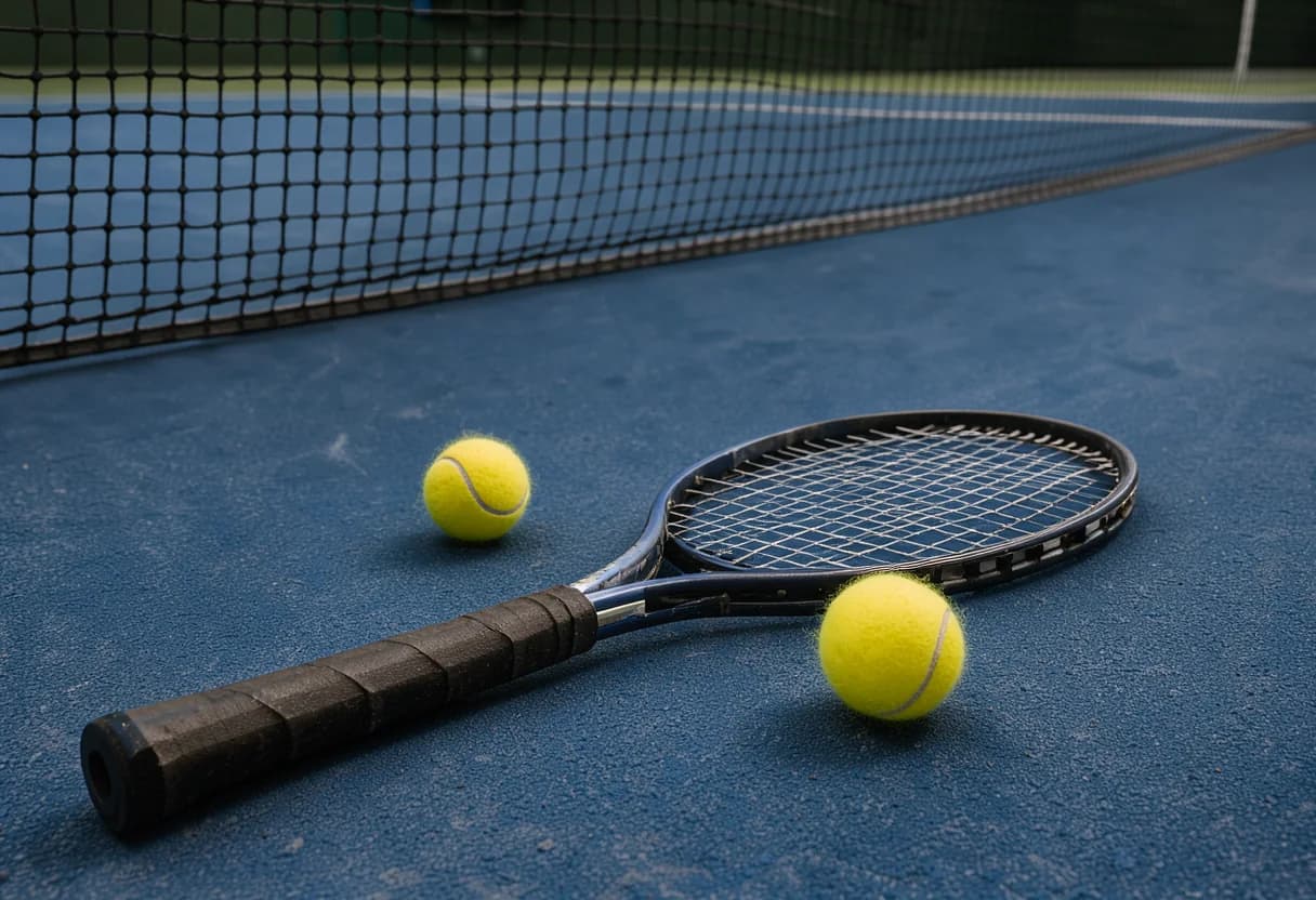 Tennis racquet and balls on an indoor hard court